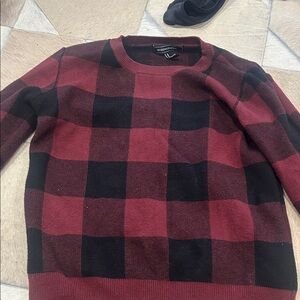 BCBGMaxAzria Men's Burgundy and Black Buffalo Plaid Crewneck Sweater